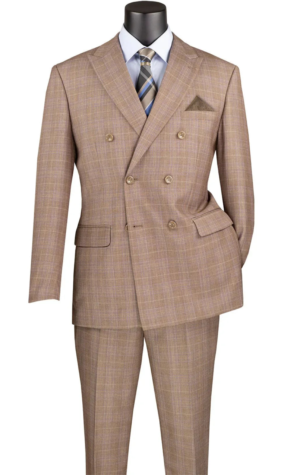 Bellagio Collection – Tan Regular Fit Glen Plaid Double-Breasted Suit