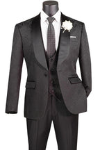 Black Slim Fit Jacquard 3-Piece Tuxedo with Shawl Lapel – Rivoli Collection