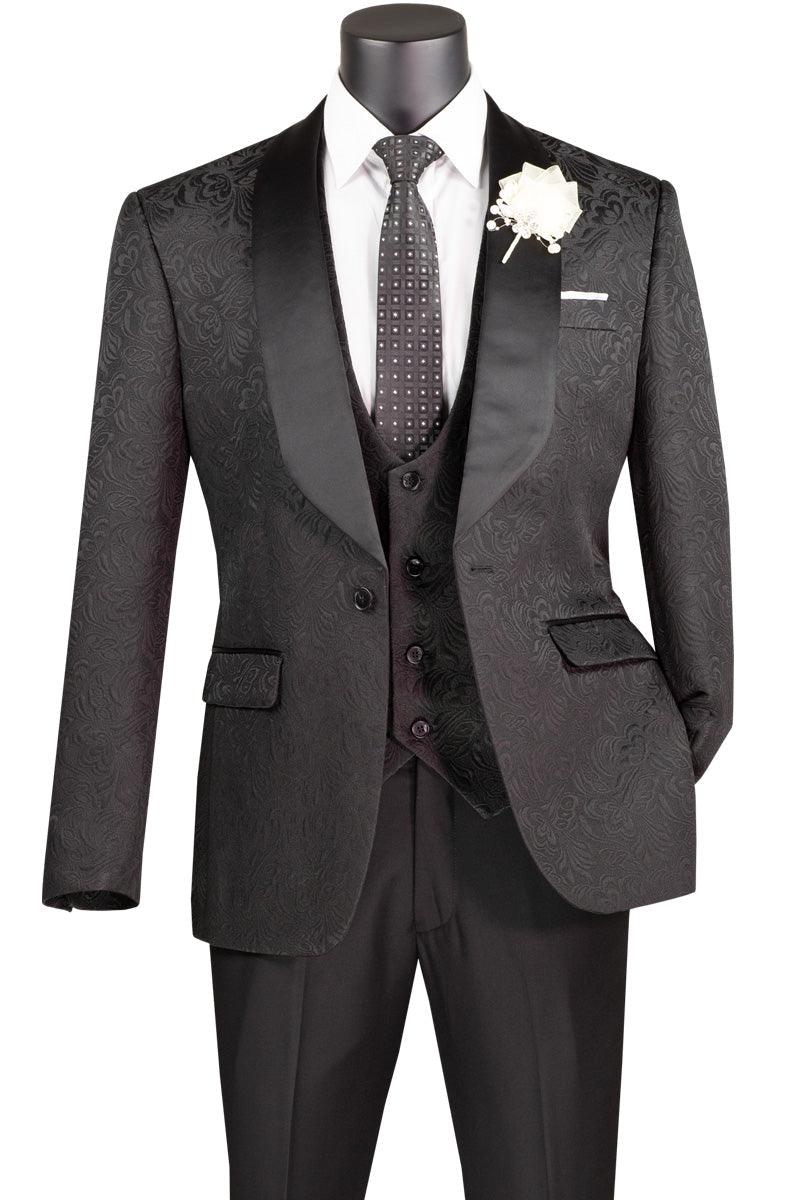 Black Slim Fit Jacquard 3-Piece Tuxedo with Shawl Lapel – Rivoli Collection