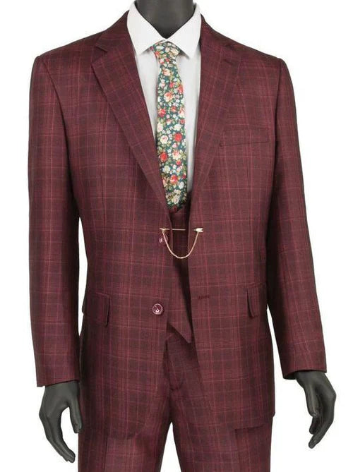 Glenmore Collection-Regular Fit Burgundy Glen Plaid Three-Piece Suit