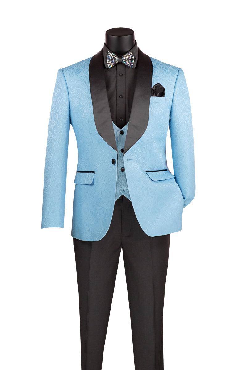 Light Blue Slim Fit Jacquard 3-Piece Tuxedo with Shawl Lapel – Rivoli Collection