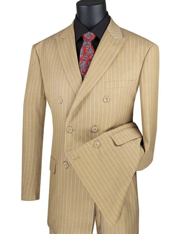 Camel Pinstripe Regular Fit Double-Breasted Suit – Banker Collection