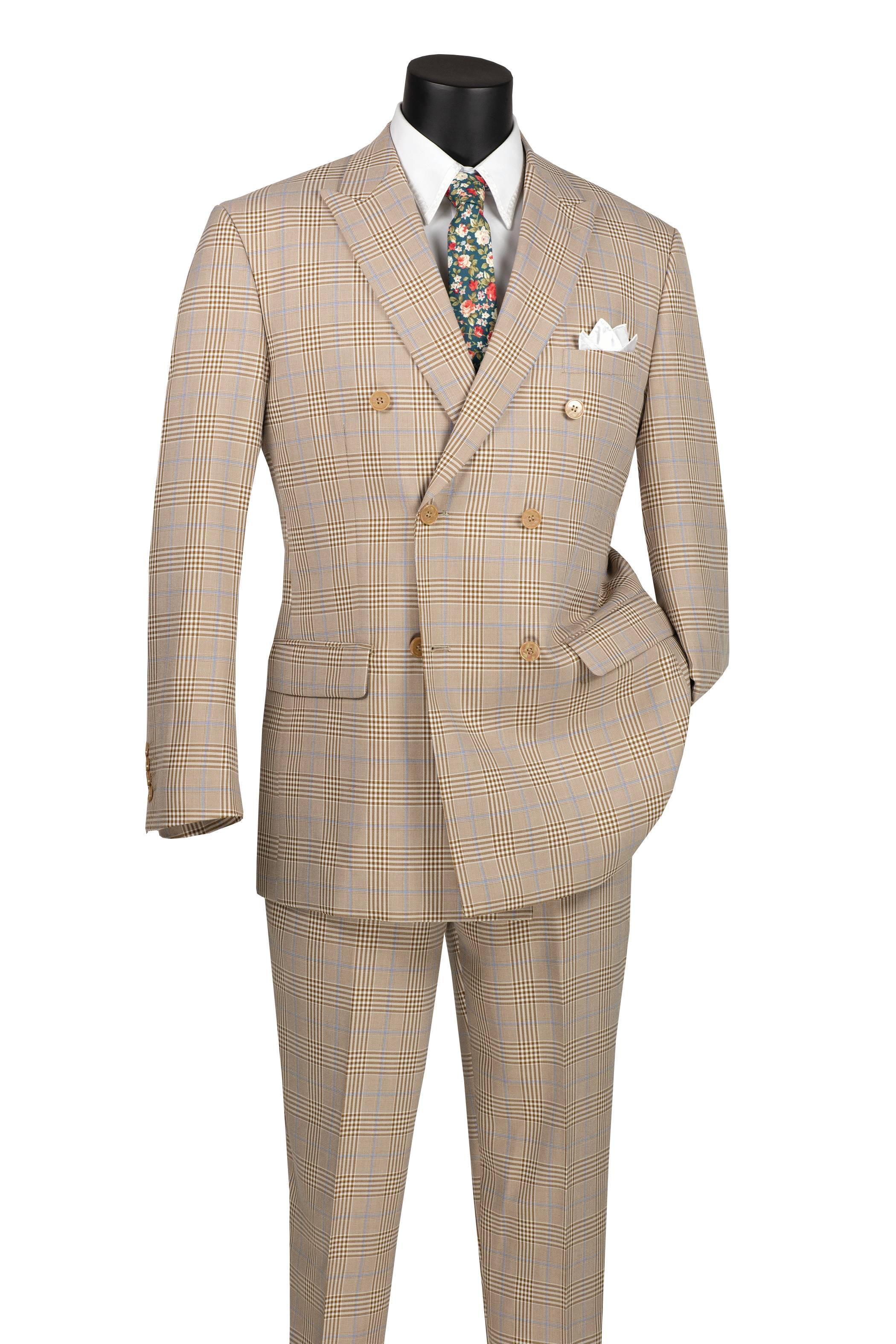 Sorrento Collection – Beige Regular Fit Glen Plaid Double Breasted Suit