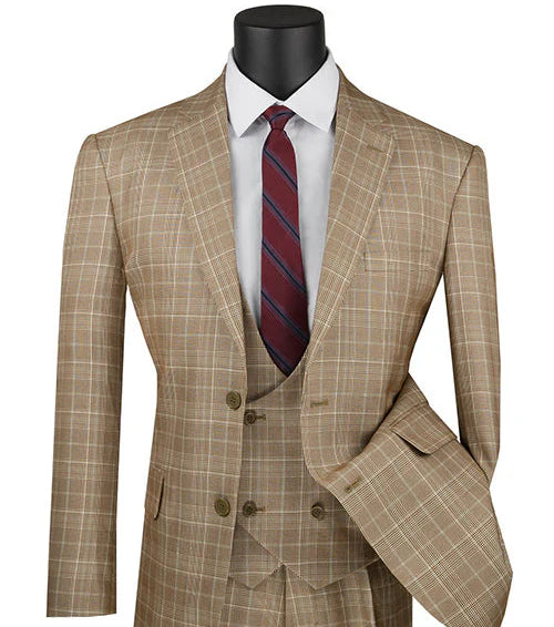 Glenmore Collection-Regular Fit Camel Glen Plaid Three-Piece Suit