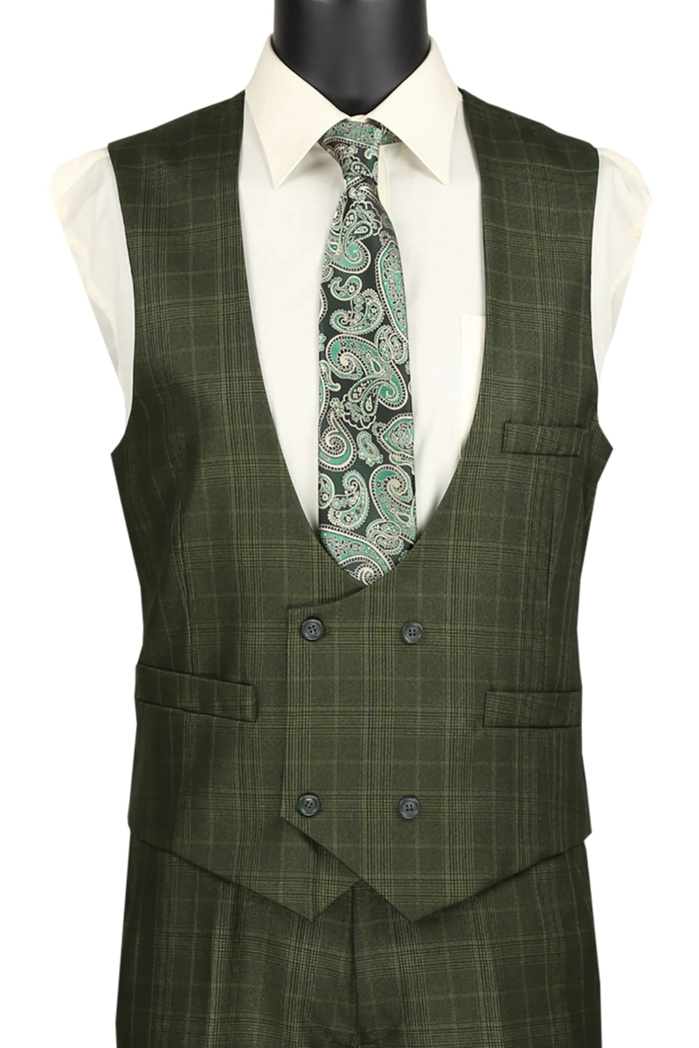Glenmore Collection-Regular Fit Olive Green Glen Plaid Three-Piece Suit