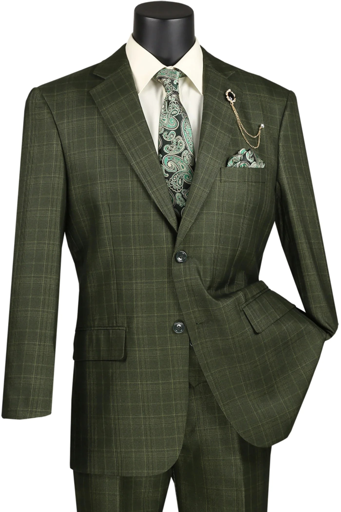 Glenmore Collection-Regular Fit Olive Green Glen Plaid Three-Piece Suit
