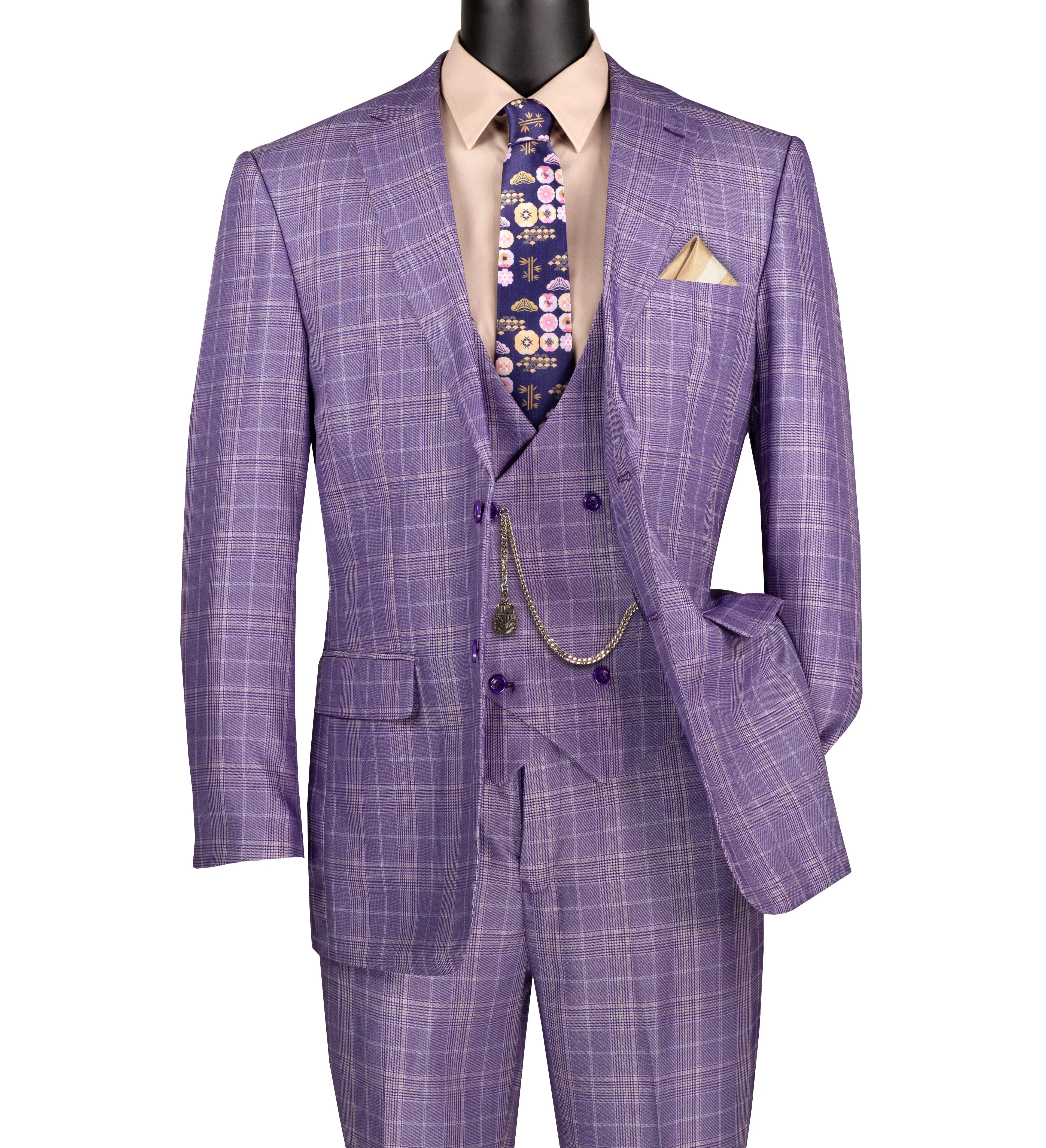 Glenmore Collection-Regular Fit Light Purple Glen Plaid Three-Piece Suit